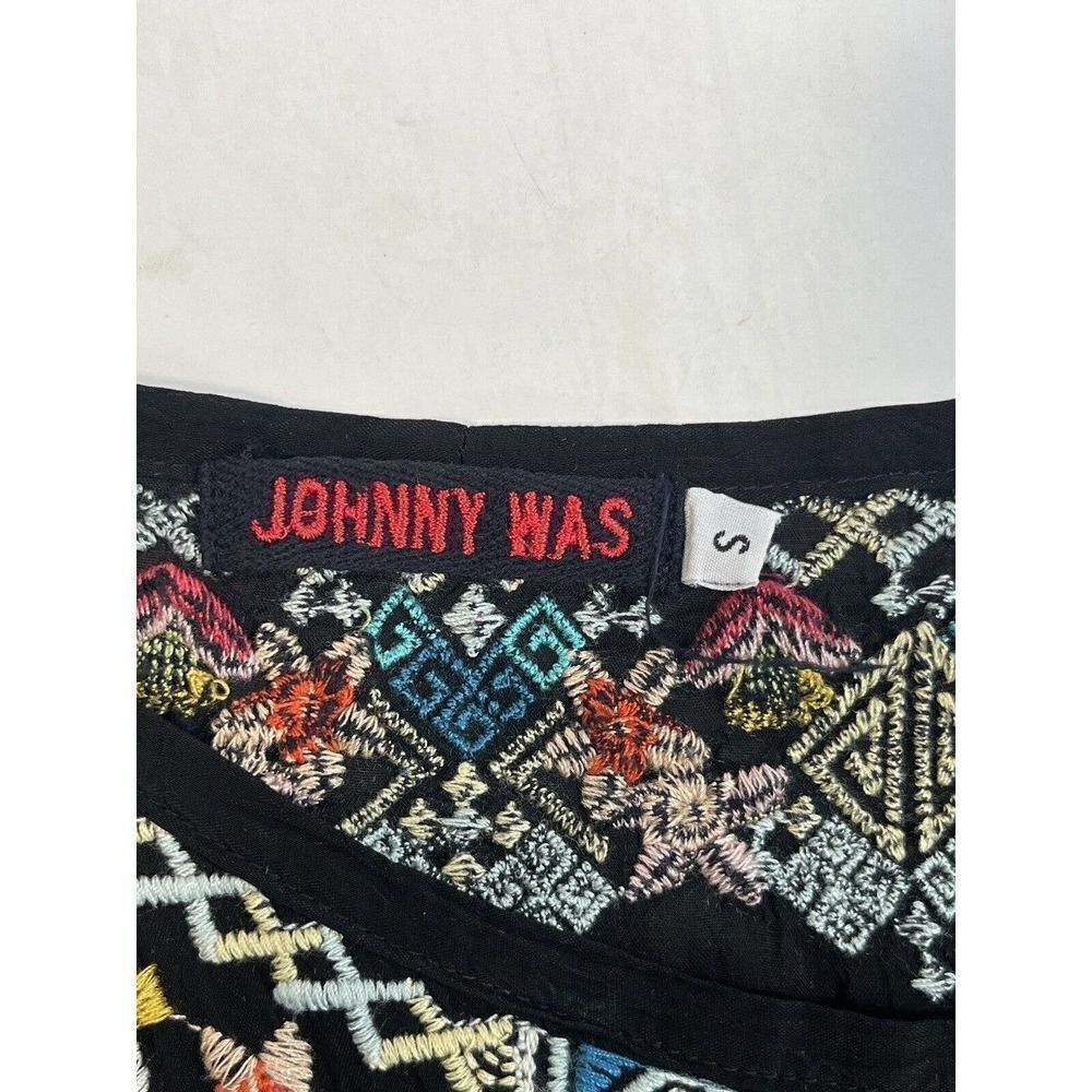 Johnny Was Black Floral Embroidered Tunic Top Small Crinkled Cupra Rayon Boho - Picture 7 of 16
